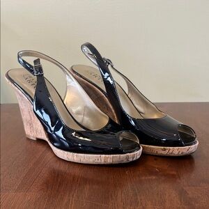 Stylish Black Patent Leather Wedge Sandals